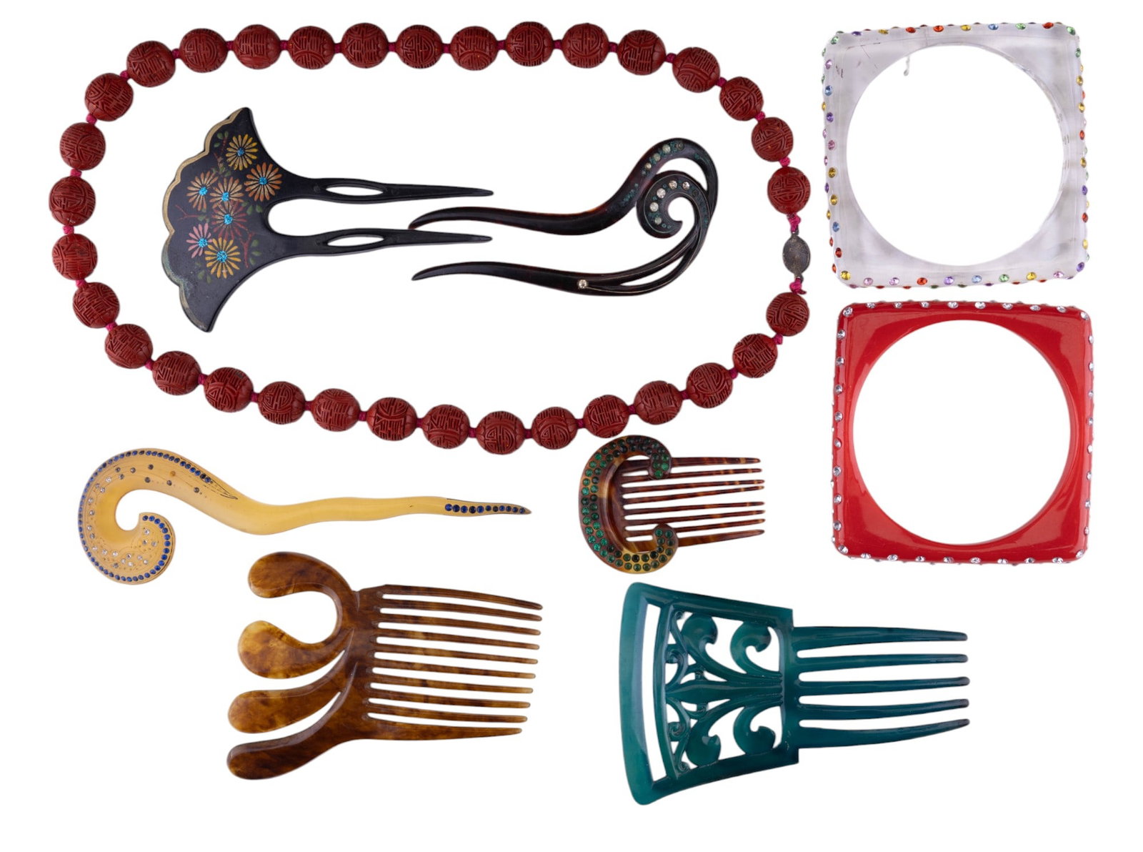 Vintage Cinnabar Hair Combs and Bracelets: Sampling includes Chinese cinnabar design necklace, bracelets and large collection of celluloid, daisy, rhinestone accent and various others.