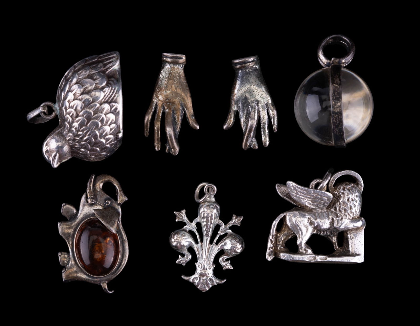 Vintage Sterling Estate Jewelry: Highlights include large pool of light pendant, amber elephant pin, winged lion .800 silver pendant, sterling partridge bird pendant and more.