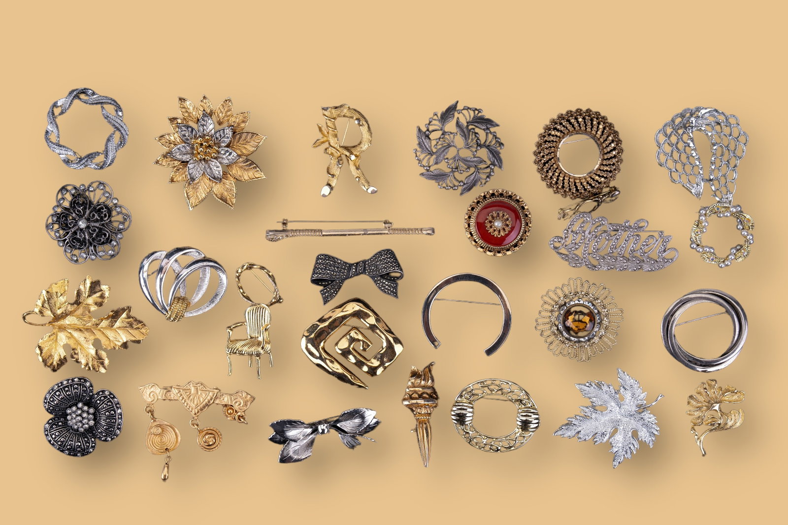 Sar Cov, BSK, Gerry's, Napier & More Brooches: 28 costume brooches some stamped Napier, Gerry's, Sarah Coventry, and BSK.