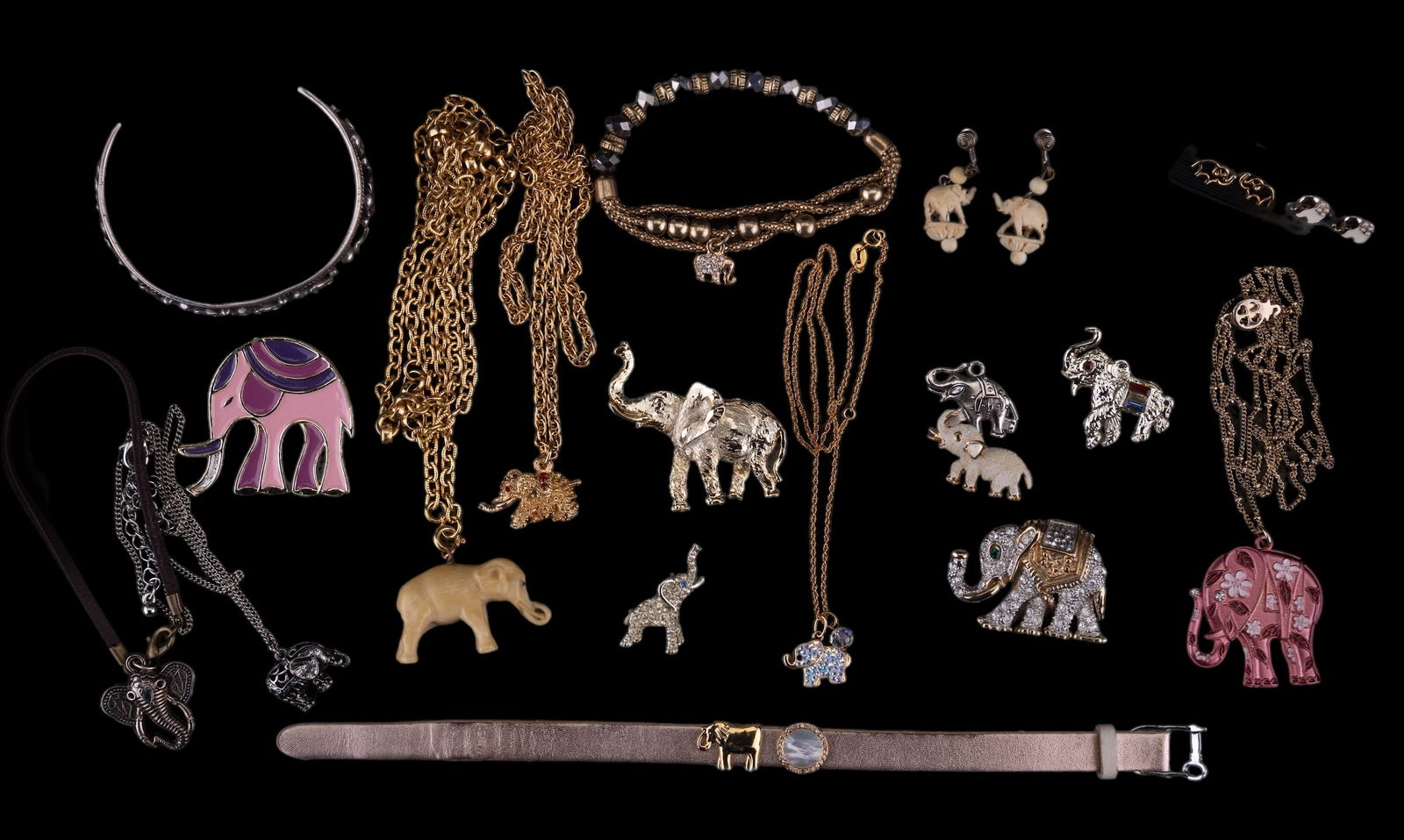 Elephant Costume Jewelry (19): Elephant jewelry featuring a sterling (gold tone/vermeil) 18" chain with sterling elephant pendant and faceted glass dangle, screw-back earrings with dangling elephants, earrings, pins, bracelets, nec