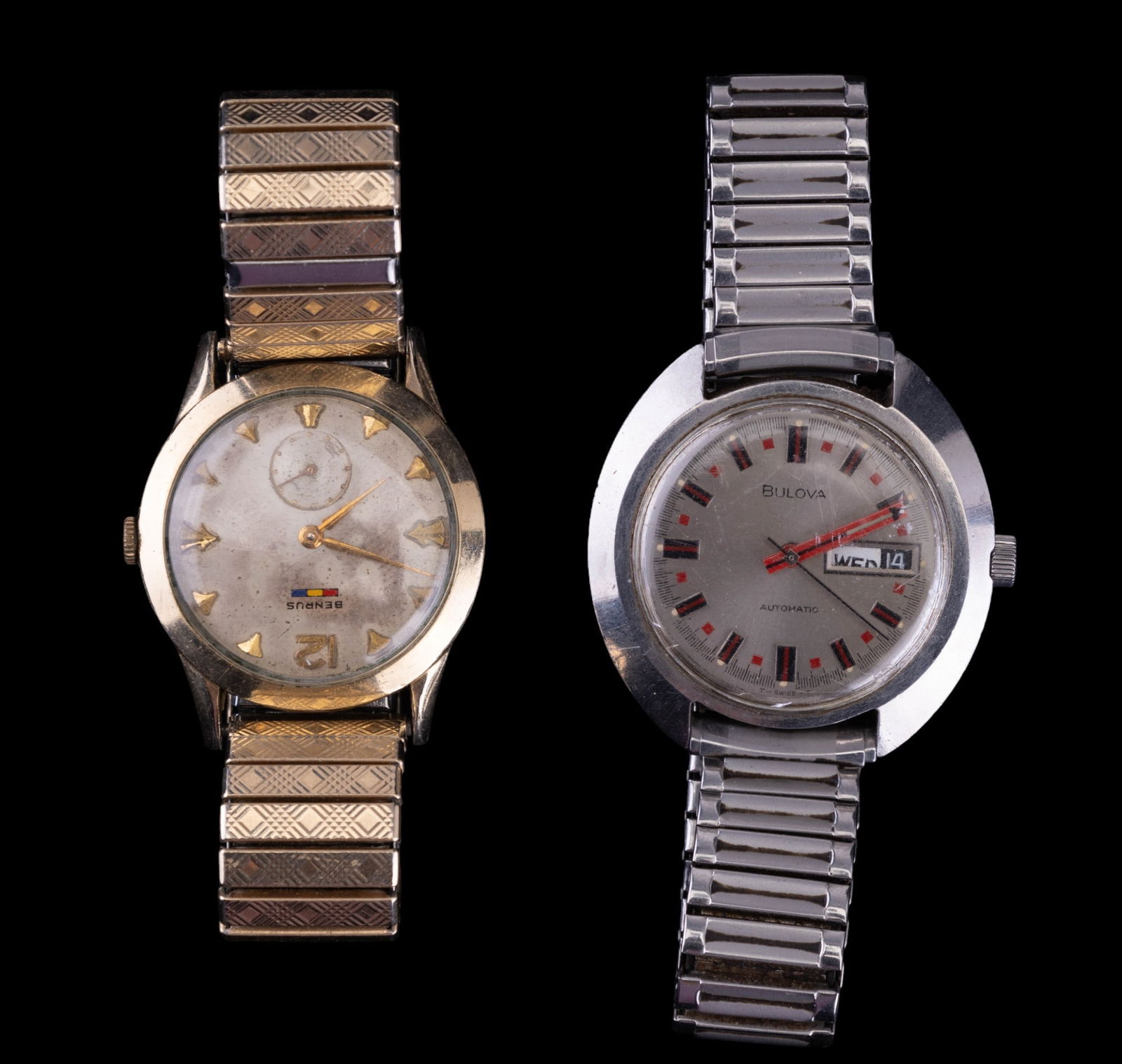 Bulova and Benrus Vintage Watches: Bulova stainless steel automatic self winding vintage watch N-4 day/ date watch in good working order and Benrus 10K gold fill wind up watch in good vintage working order.