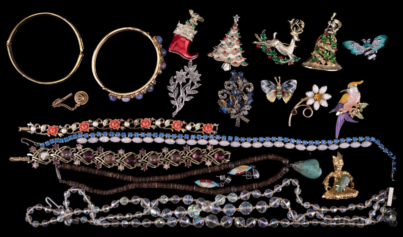 Vintage Estate Jewelry: Vintage jewelry including Coro signed purple hue bracelet, Hollycraft signed crystal rhinestone brooch (stone loss), southwest style turquoise shell necklace, earrings, Christmas brooches, bracelets w