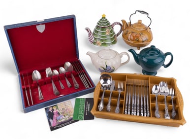 Flatware Sets (2), Decorative Tea Pots (4)