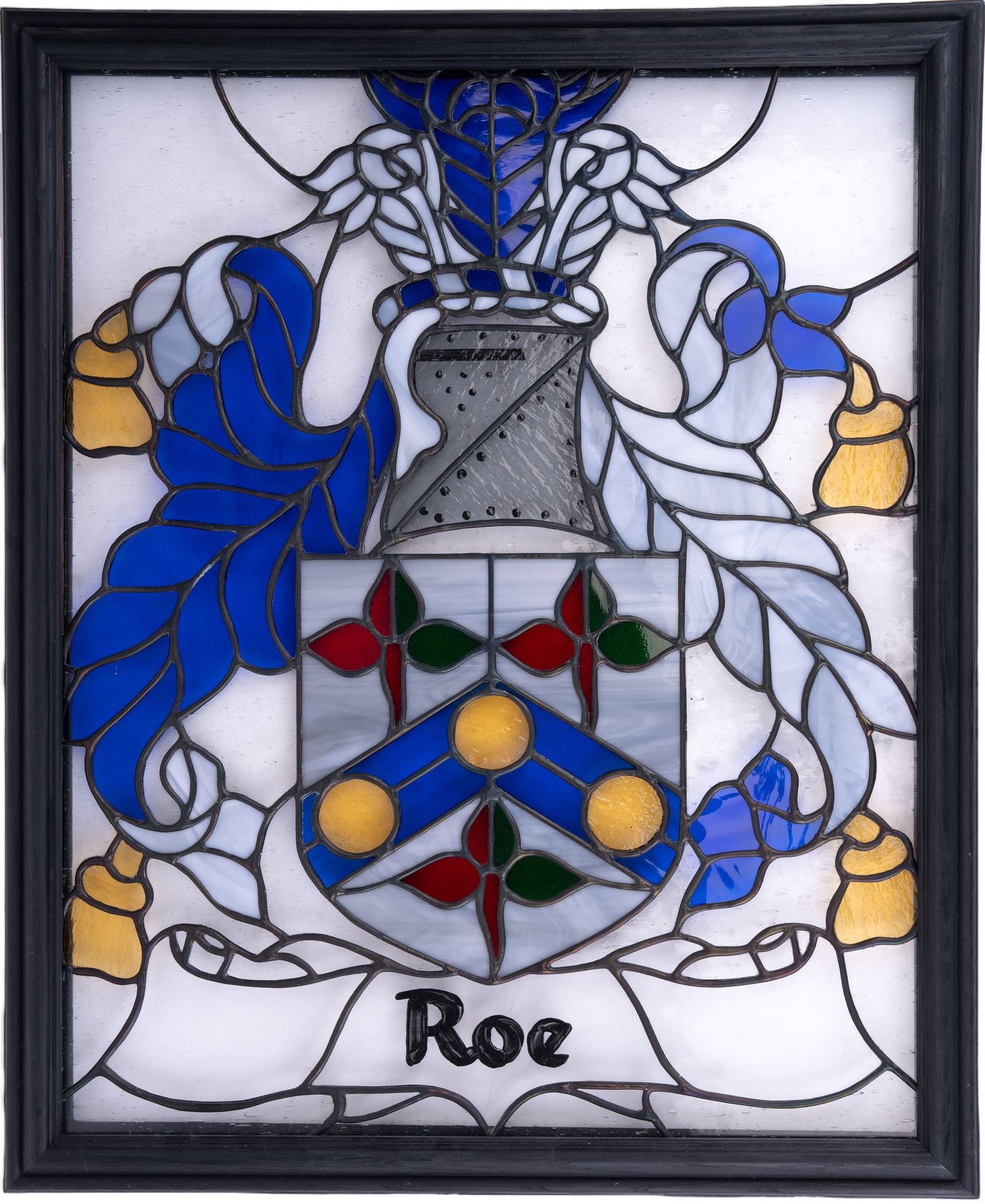 Stained Glass Family Crest "Roe": Stained glass "Roe" family crest measuring approx 22" H x 18" W.