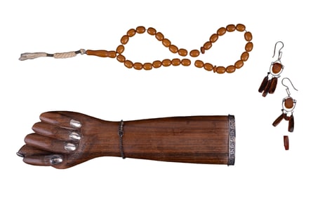 Figa Fist, Bakelite Prayer Beads, Amber Earrings