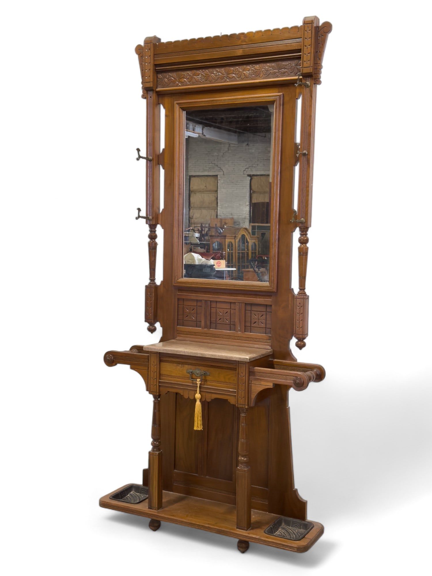 East Lake/Victorian Hall Tree: Replaced glass, missing back board for glass, one hook missing and several twisted measuring approx 84" x 31" x 10"
