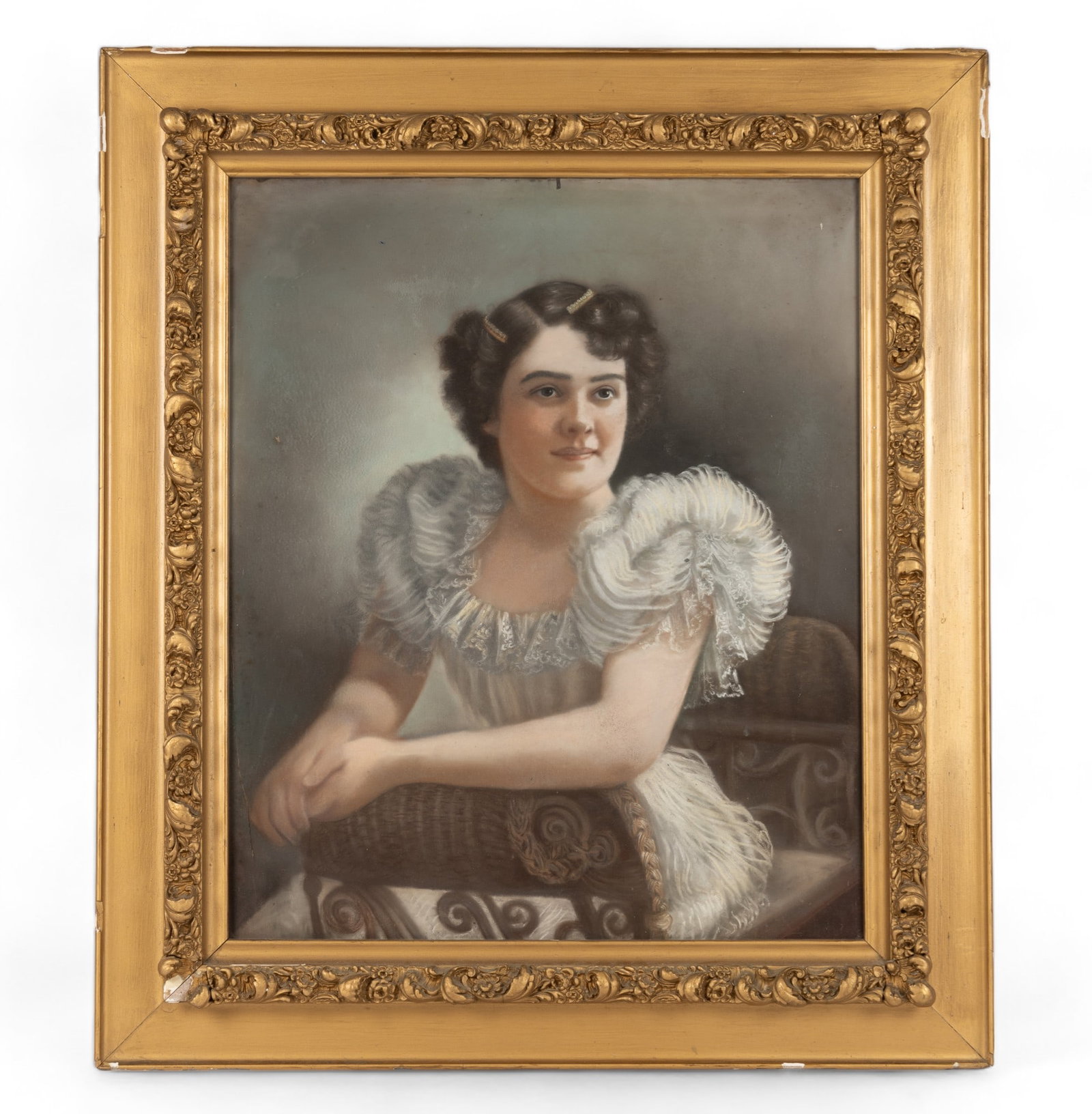 Antique Pastel Portrait and Engraving: Includes large oil pastel portrait of woman in chair in gilt frame, with loss consistent with age, measuring approx. 34.5" W x 39.5" H OD. Art has mild loss, discoloration, and a vertical crease in LL