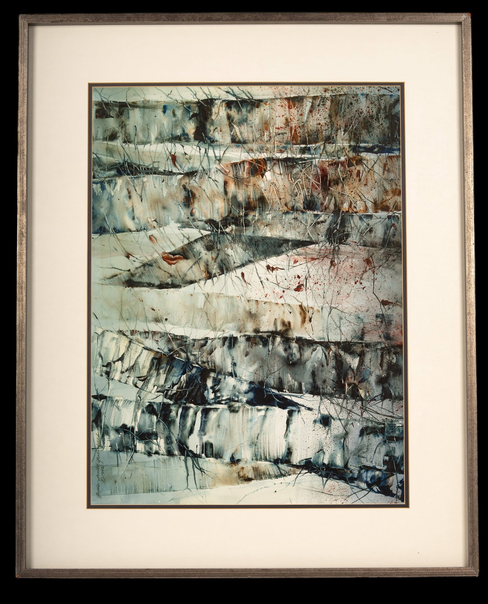 Greta Smith Greenfield Watercolor: Original watercolor of birch trees by Great Smith Greenfield 1982. Signed and dated by the artist on TL. Visible art measures approx. 29" W x 21.25 and frame approx. 39" W x 31.5" H OD. Frame has mino