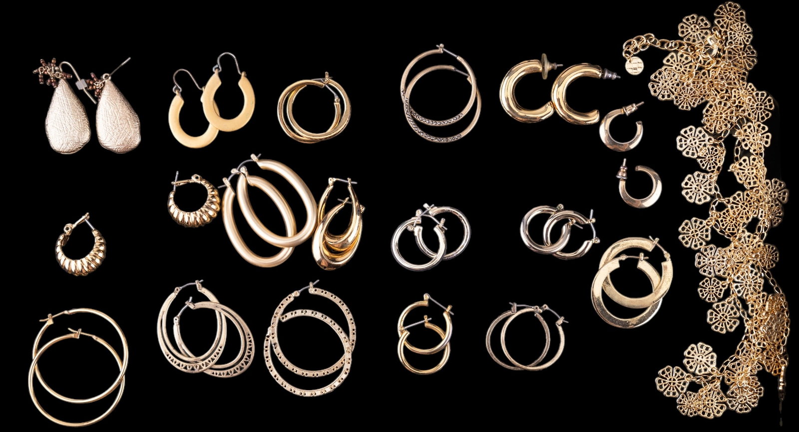 Monet, Talbots & More Gold Tone Earrings: 18 pieces of jewelry including a Talbots necklace, Monet hoop earrings and several additional pairs of gold tone earrings.