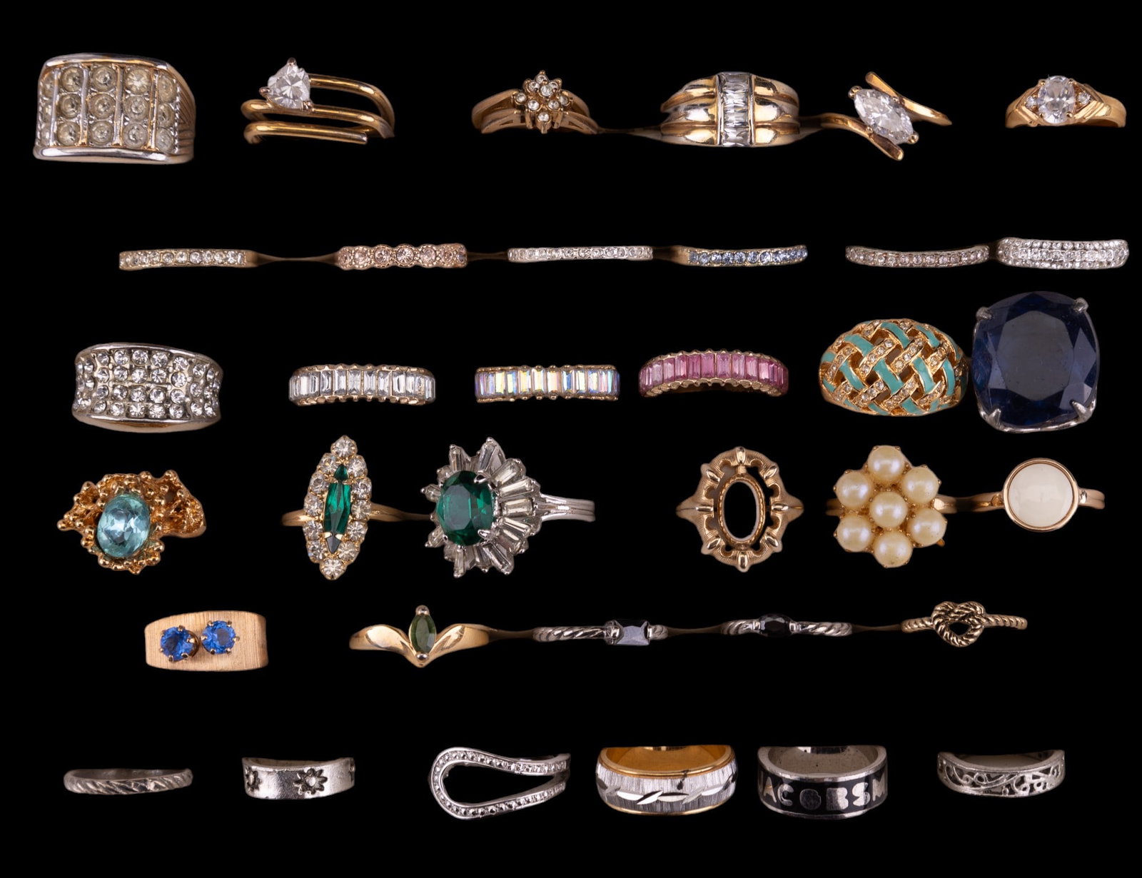 Vintage Cocktail & Other Rings (35): 35 vintage cocktail rings including 2 stackable rings with dark semi-precious stones.