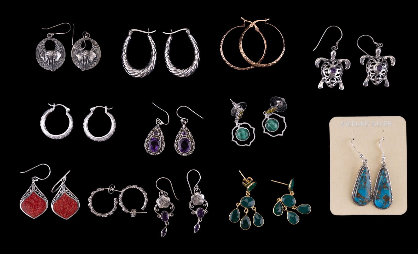 Sterling Silver & Semi-Precious Stone Earrings: 12 pairs of sterling silver earrings, some with semi-precious stones that test in the range of (3) amethyst, peridot, emerald, malachite.