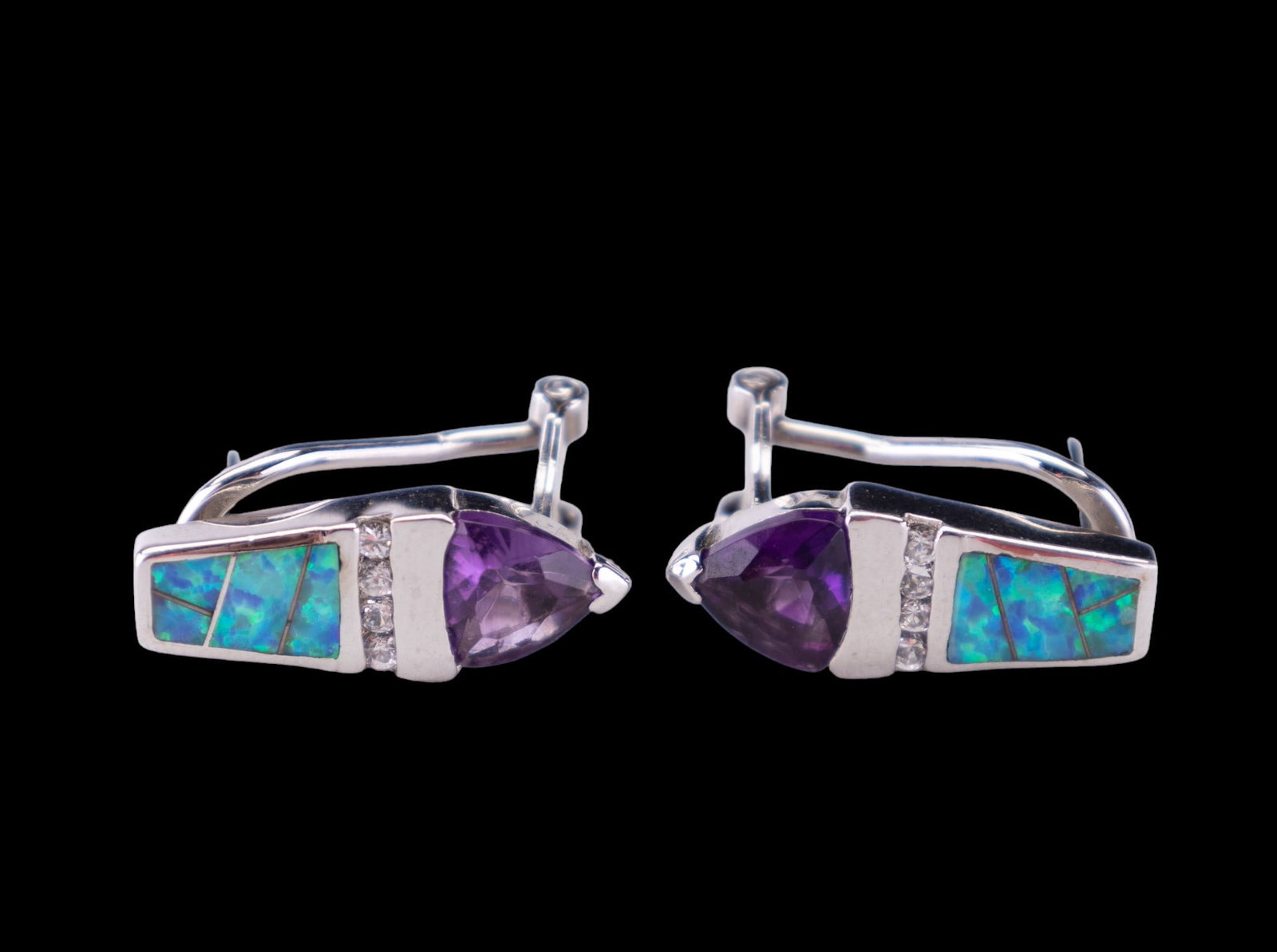 Opal and Amethyst Sterling Silver Earrings: Sterling silver earrings with black opal, amethyst and CZ stones and Omega back. Have an approx 0.75" drop.