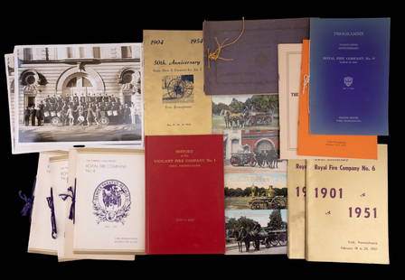 York, PA Historical Firefighter Ephemera (21 pcs): Collection of York, PA historical firefighter ephemera including pamphlets from Royal Fire Company No. 6 (9), Eagle Hose & Chemical Co. No. 7, Vigilant Fire Company No. 1, photos from Goodwill Fire