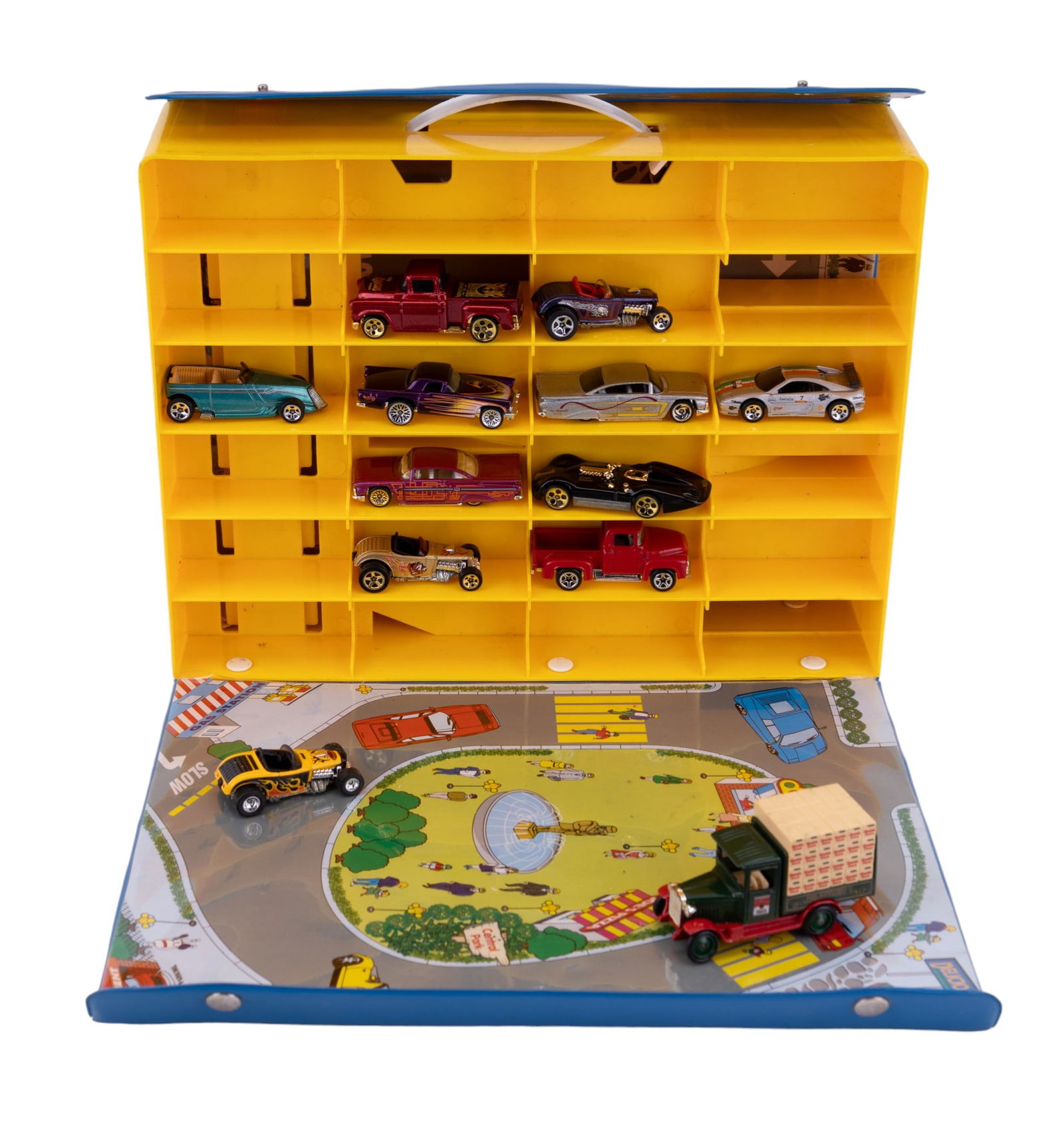 Hot Wheels and Carrying Case: Assorted cars including Hot Wheels, Matchbox, and Lledo with carrying case (case has broken handle),