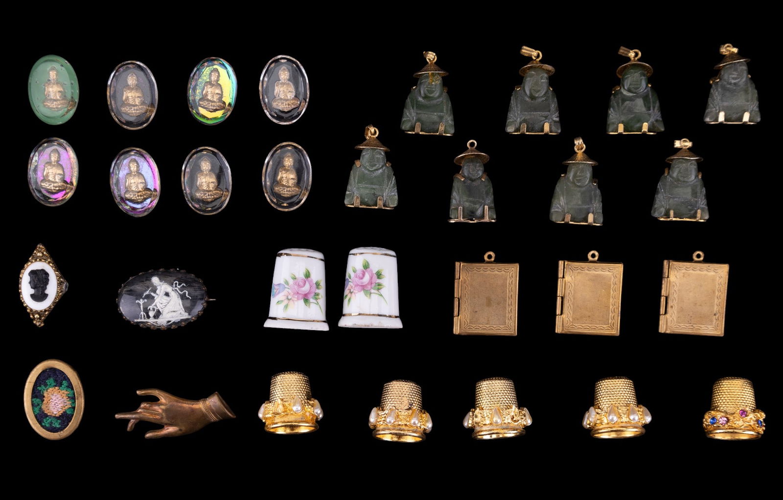 Vintage Nephrite, Cabochons, Thimbles (30): Lot includes eight nephrite Buddha style pendants (measuring approx 1" H), eight Buddha style cabochons, brooch with c clasp, five brass thimbles (with minor loss), two porcelain thimbles, and more.