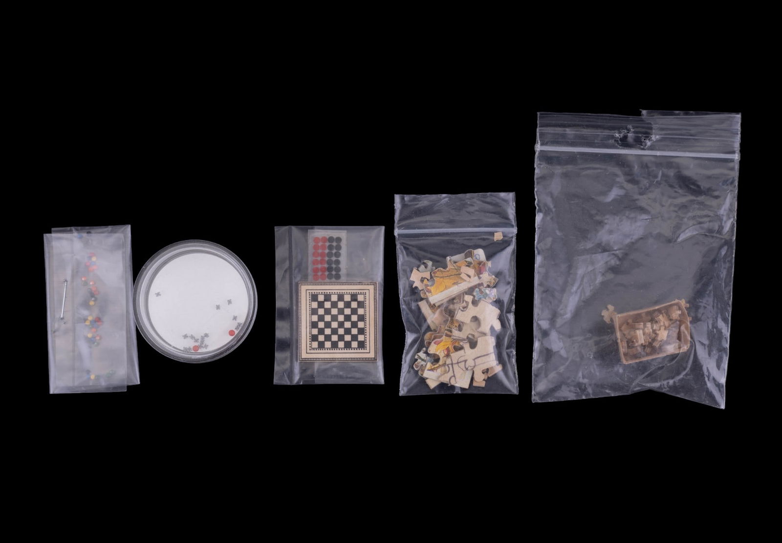 Miniature Puzzles, Checkers, Marbles, Jacks: Various miniatures including 2 puzzles, checkers, marbles, jacks.