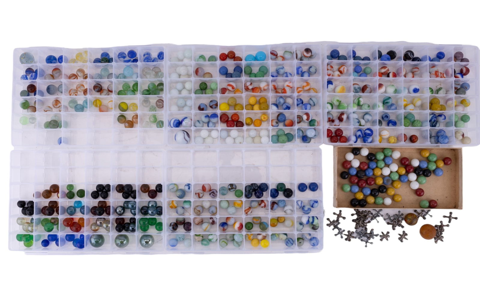 Vintage and Antique Marbles and Jacks: Includes 300+ vintage and antique marbles in cases and a set of vintage jacks with two balls.