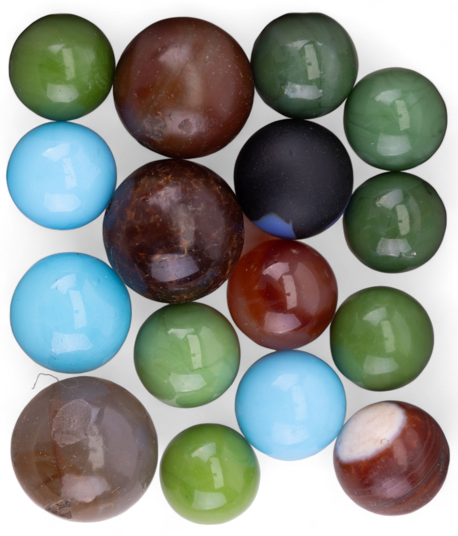Agate and Stone Marbles (16): Includes 6 agate, 3 Persian turquoise, and 7 Imperial jade.
