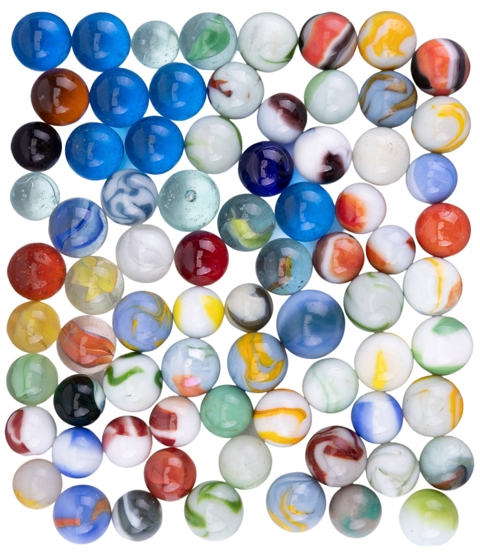 Antique and Vintage Shooter Marbles (77): Assorted glass antique and vintage shooter marbles of varying sizes and colors. Largest measuring approx. 1.125" Dia. Vintage netted bag included.