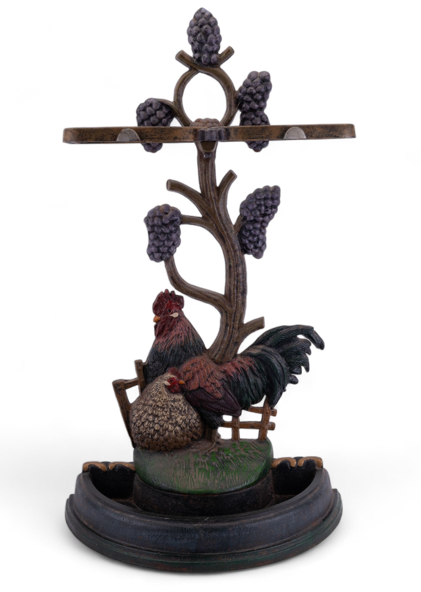 Cast Iron Umbrella Stand: Cast iron umbrella stand with chicken,rooster, and grapevine measuring approx. 28" H x 16" W and weighs approx 23 lbs.
