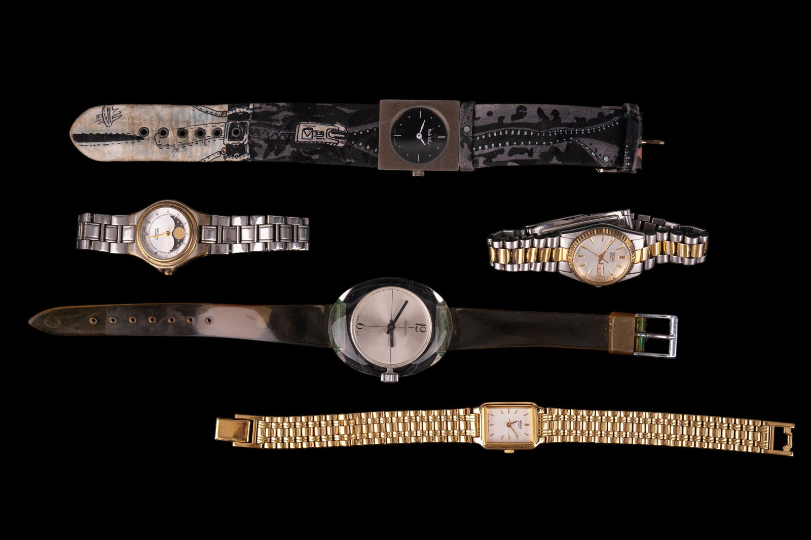 Collectible Watches (5): Includes Lucerne Swiss automatic Lucite watch (runs intermittently, not tested for accuracy) and others (untested) by Seiko (2), Gruen, and Nicole Miller.