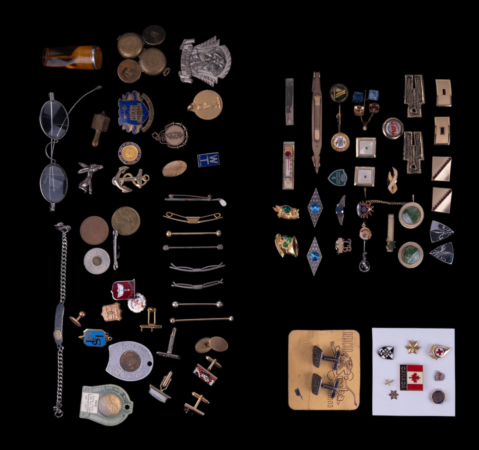 Vintage Cufflinks, Tie Bars, and More 65+: Includes 11 pairs of cufflinks, 6 tie bars, 16 tie tacks, sterling donkey pin, Victorian watch FOB, military, religious, fraternal, lockets, dreidel, and more