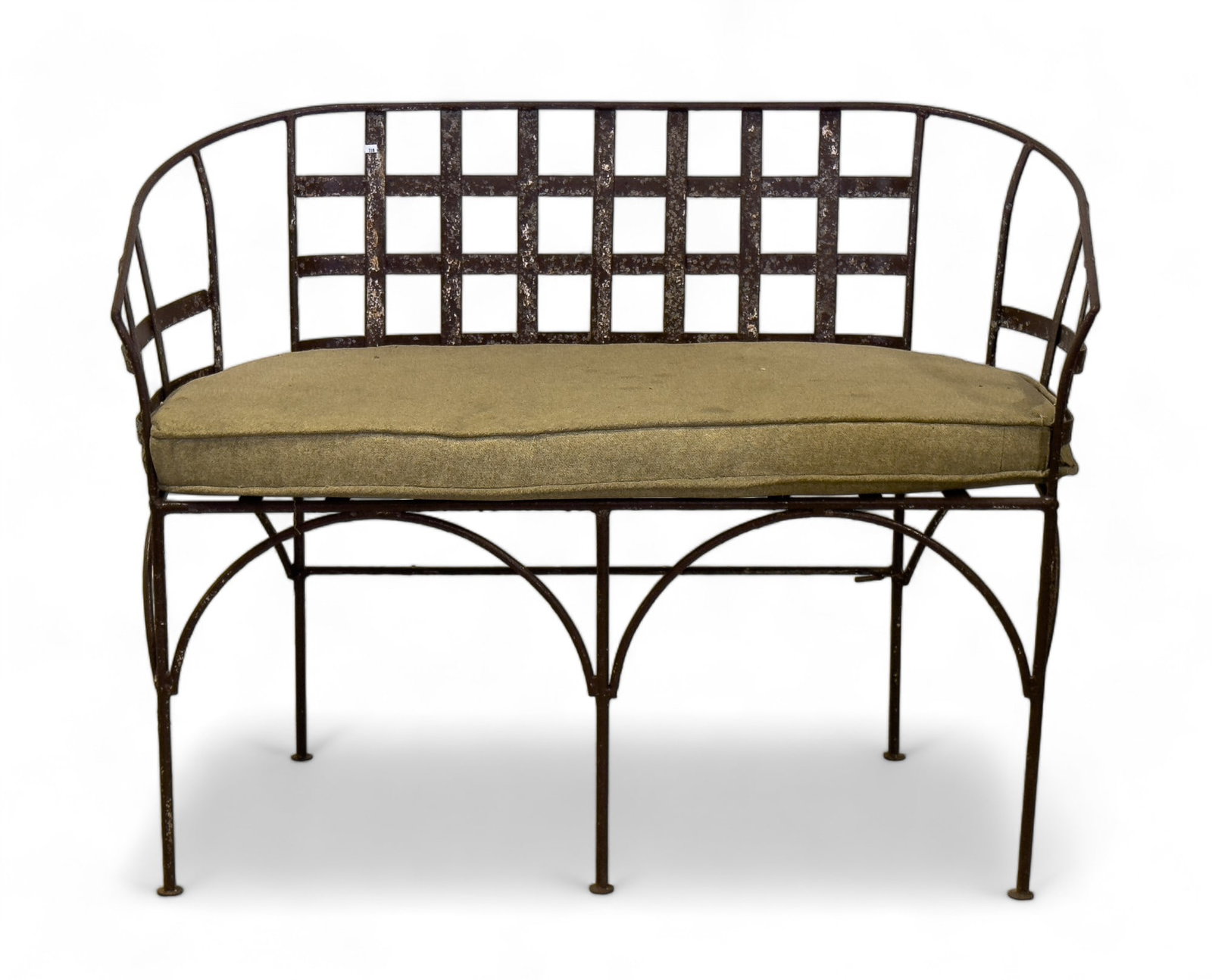 Early 20th C Metal Bench: Bench in a beige paint with some oxidation and staining to seat cushion approx 33 x 42 x 20in.