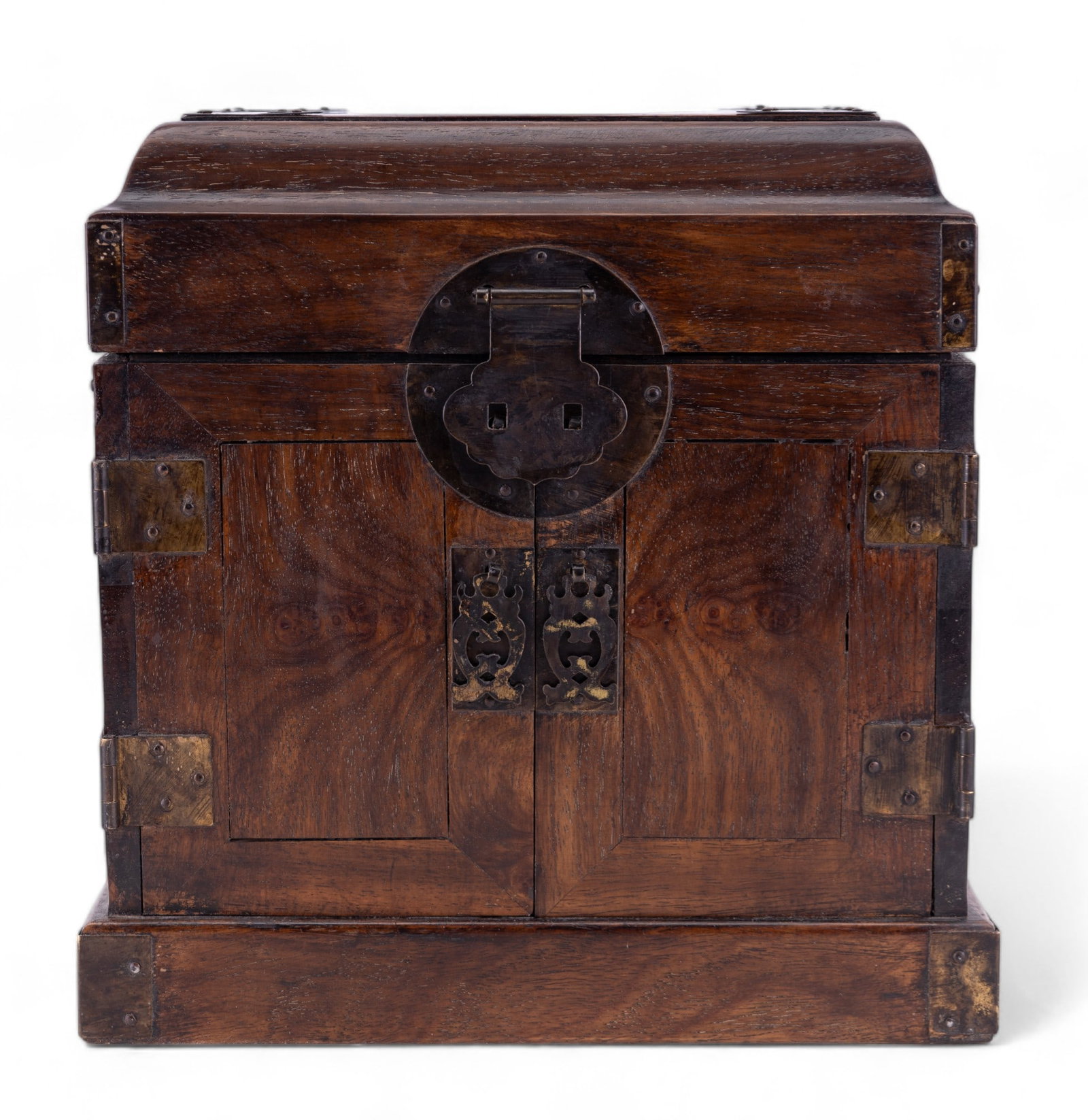 Small Asian Style Wood Chest: Small Asian style wood chest with hinged top, two doors, and three drawers with metal hardware. Chest has some dove tail joints and a dark stain applied to wood and hardware. It measures approx. 10" H