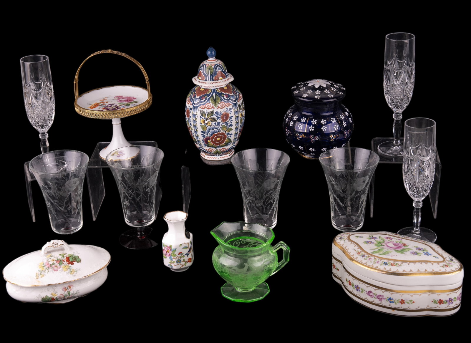 Vintage Ladies Dresser Items & Stemware: Vintage Ladies Dresser Items & Stemware. Includes a Porcelain Box with Lid, LaBelle China Hair Receiver, Ansley Vase, Porcelain & Brass basket, Hand -painted Delft Jar, Decorative blue enamel jar (nee