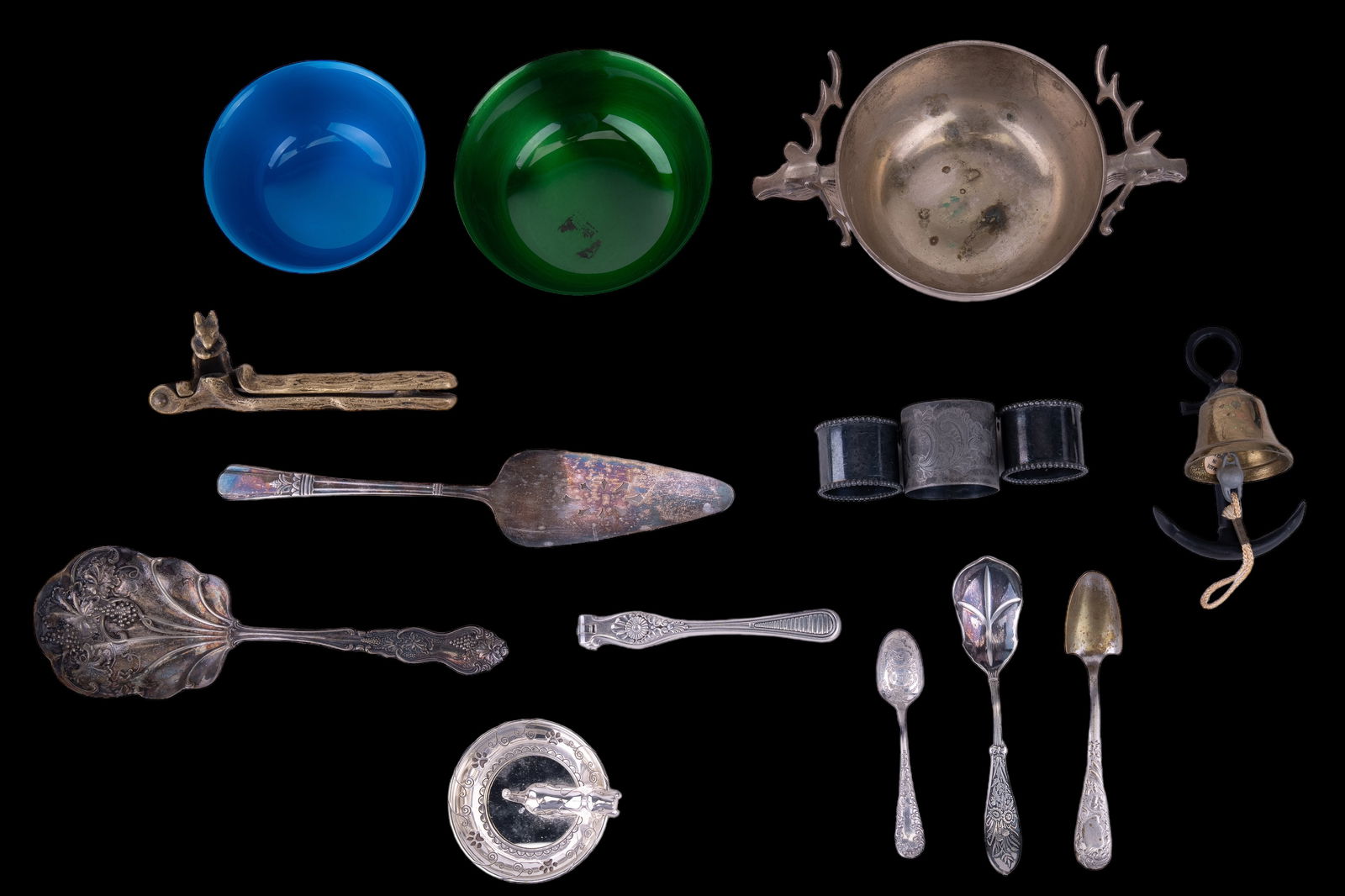 Silver Plated, Brass Table Wares: Silver Plated serving and other table wares including brass nutcracker with squirrel, Gorham Co nutcracker, English stag bowl with crown maker's mark on bottom, Reed & Barton bowl and Wallace bowl wit