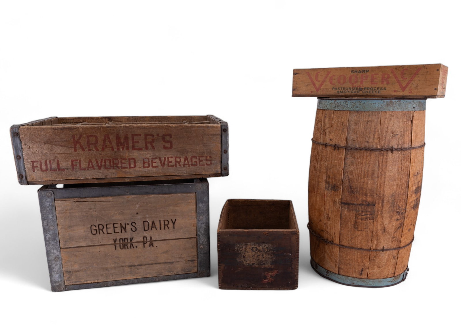 Antique Greens Dairy crate, boxes, barrel: Antique Greens Dairy metal & wood crate, antique Kramers Beverages case (NJ 1950s), antique Genuine Boyd Caps (for Mason fruit jars) box (early 1900s), unmarked wood & metal barrel (18" high), and a C