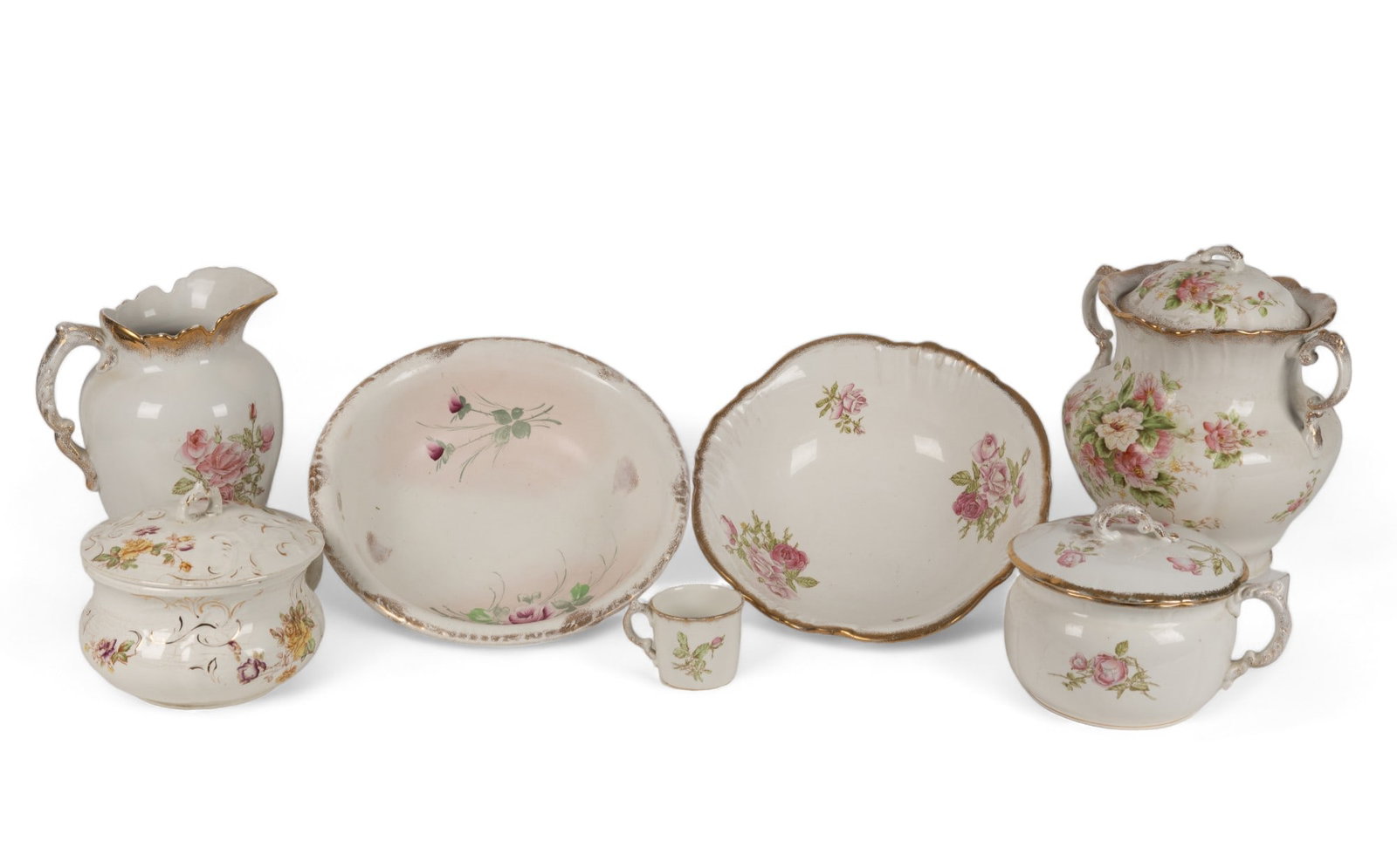Antique Maddock & Anchor Pottery Wash Sets: Includes John Maddock & Sons England bedroom set with wash bowl and pitcher, lidded and handled chamber pot and shaving mug (was bowl measures approx 5" H x 16" dia. Also includes Anchor Pottery New J