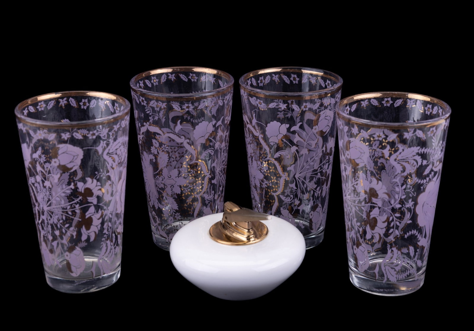 Ronson Lighter Rosenthal Housing, MCM Glasses: Mid Century Modern / Modernist Ronson table lighter produced by Rosenthal Selb Germany / smoking accessory, and four Patina Vie glass gold flashed purple MCM tumblers.