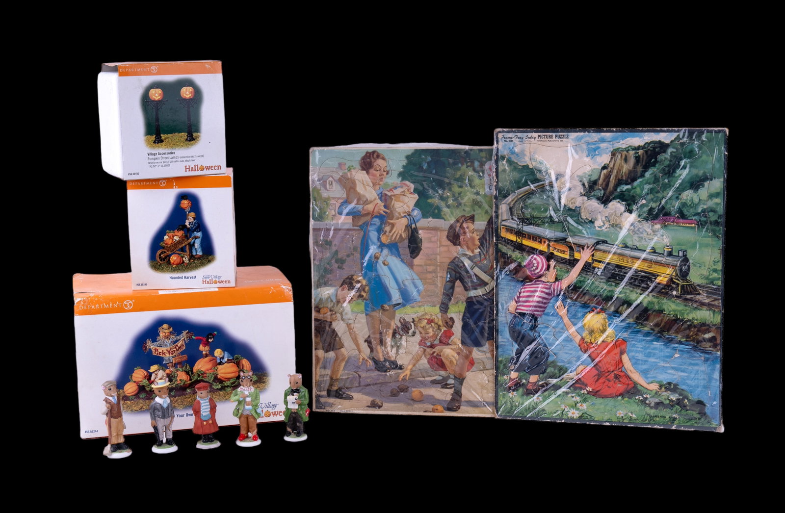Early puzzles, Department 56, and Franklin Mint: Franklin Mint 1985 Alexander Woodmouse Family (5 figurines), 3 Department 56 Halloween series figures (in original boxes), and 2 1940s-50s children's puzzles ( 1 marked Whitman No 2605 and the other W
