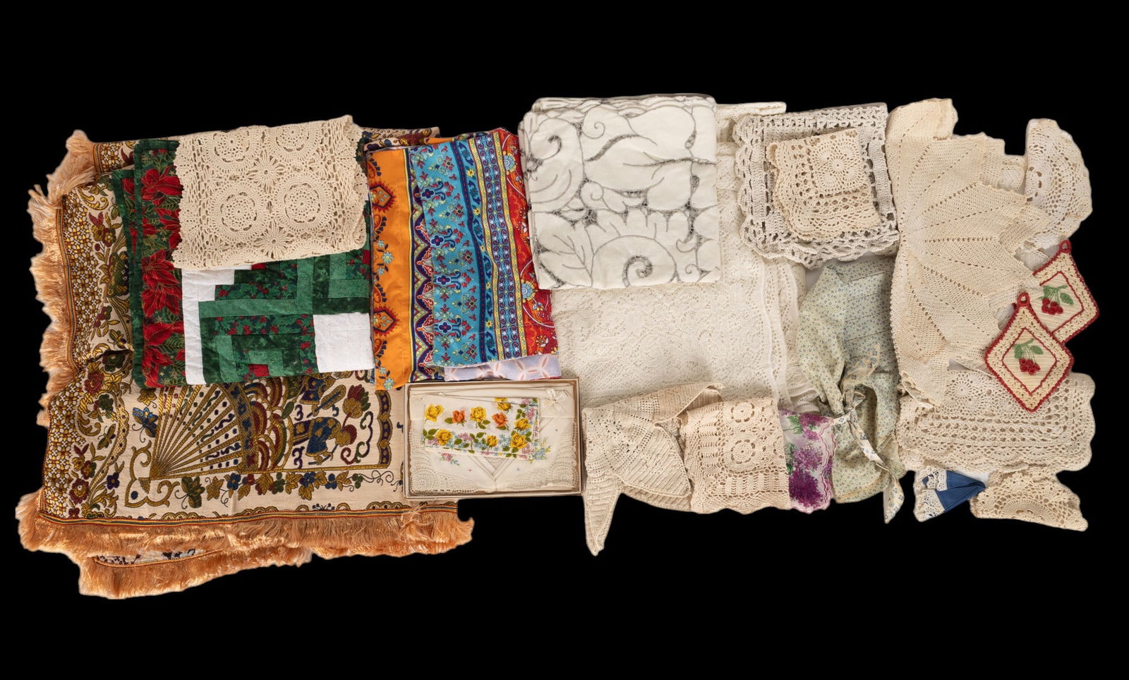 Antique & Vintage Linens, Lace, & Doilies: Antique & Vintage Linens, Lace, & Doilies (22 pcs). Includes pillow shams, tablecloths, quilt square, doilies, table runners, a bonnet, and ladies handkerchiefs.