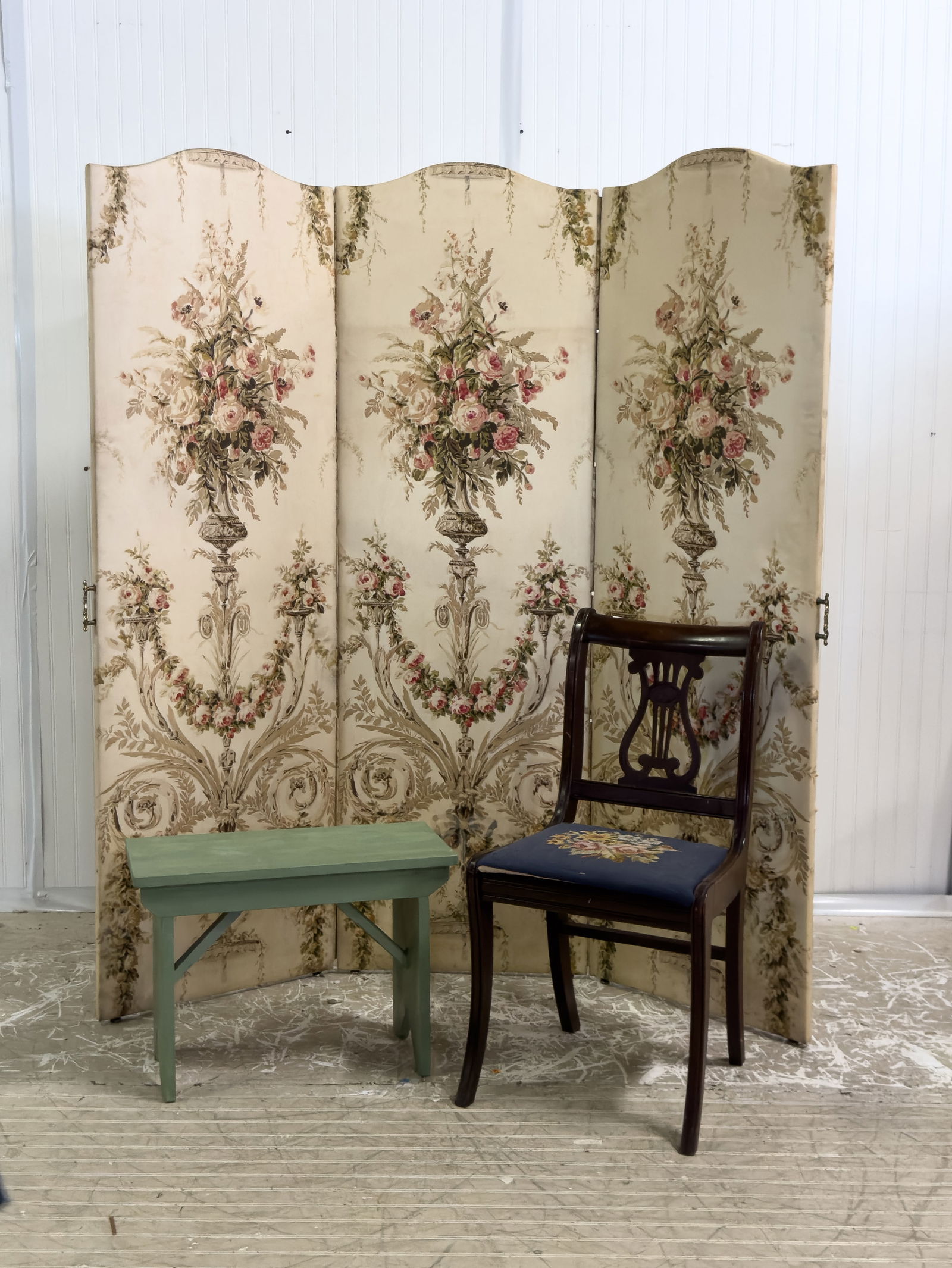 Fabric Room Screen, Bench & Chair: Fabric Room Screen standing approx 71" H and each panel approx 22in wide. Also comes with a painted bench & chair