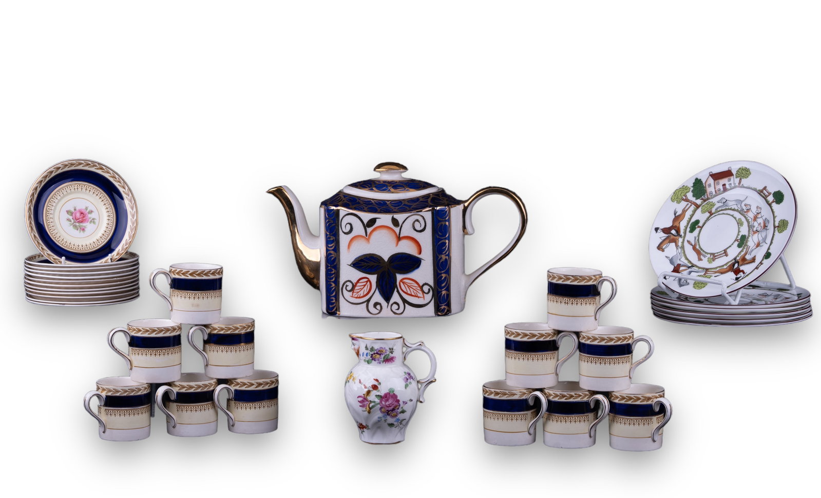 Arthur Wood Tea Pot and Porcelain Tea Set: Tea pot made by Arthur Wood. 12 teacups and 12 saucers made by Ducal. Pitcher made by Royal Dorchester. 6 Coalport ?Hunting Scene? dessert plates.