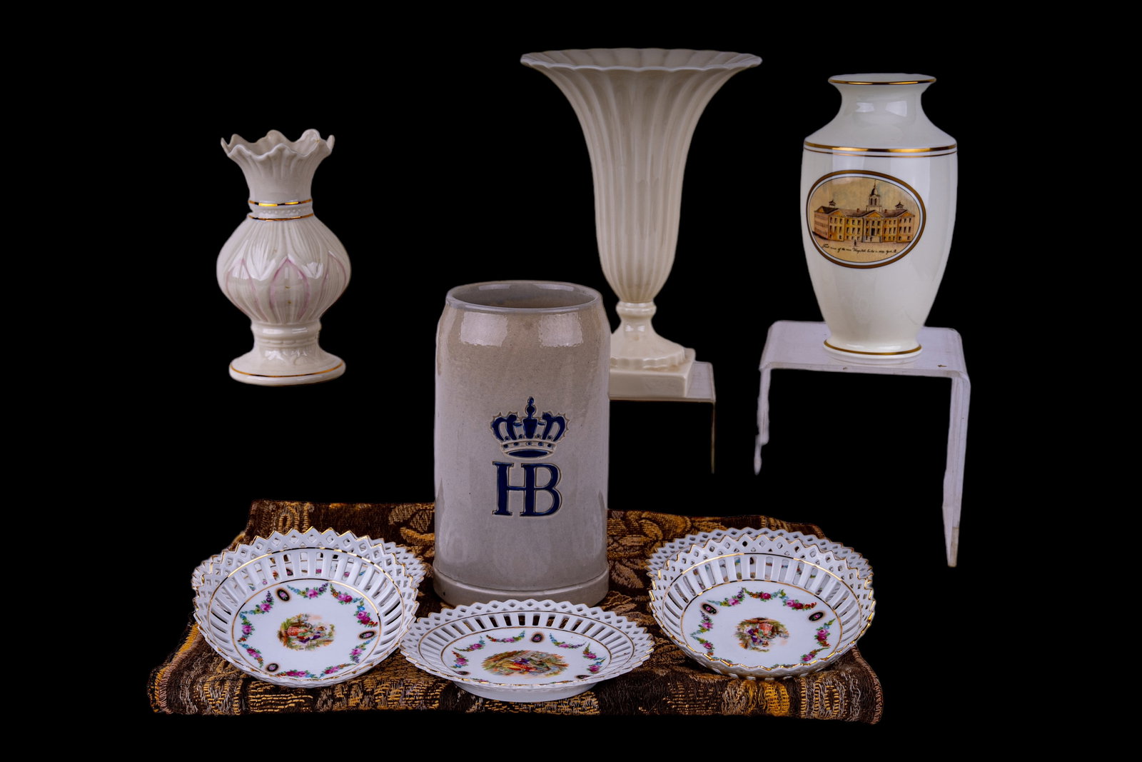 Lenox, Belleek, German Porcelain, Tapestry: Antique fluted and flared pedestal vase approx. 9? H with green wreath mark on bottom. Five marked Germany reticulated / pierced plates (2 sizes). Shapely vase signed Belleek made by Ireland. Pfaltzgr