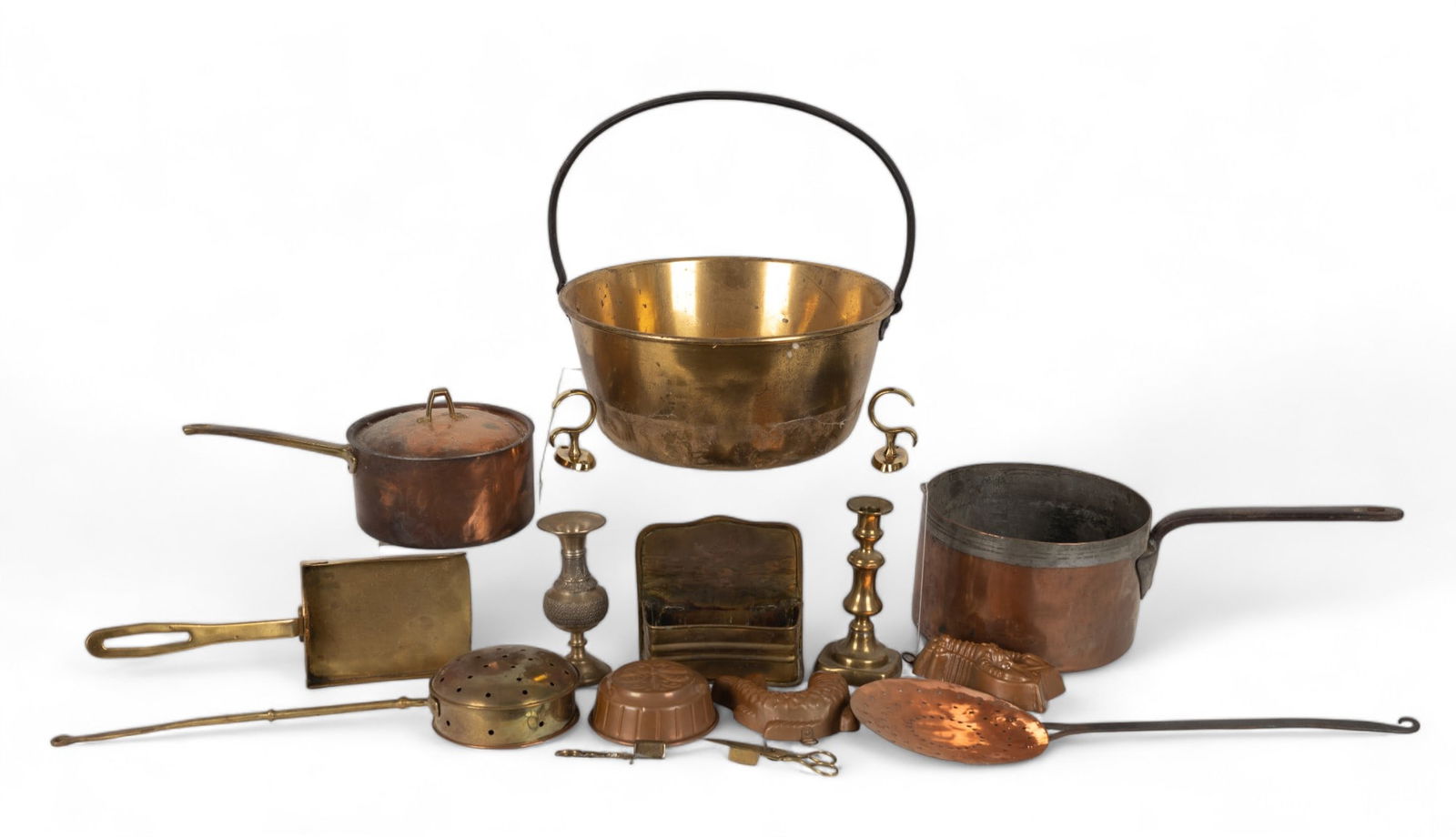 Copper & Brass Metalware: Copper & Brass Metalware. Includes copper and brass pots, pans, molds, candlesticks, etc. Also 3 painted hanging metalware molds of fish, lobster, and dragonfly.