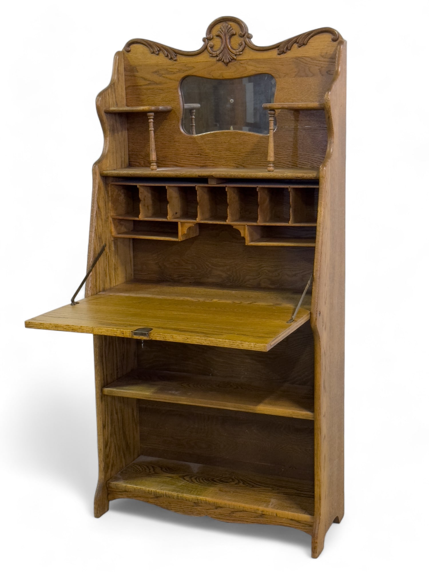 Oak Book Shelf Desk C.1910: Oak Book Shelf Desk C.1910 with beveled glass and floral design and key approx 64 x 30 x 12in