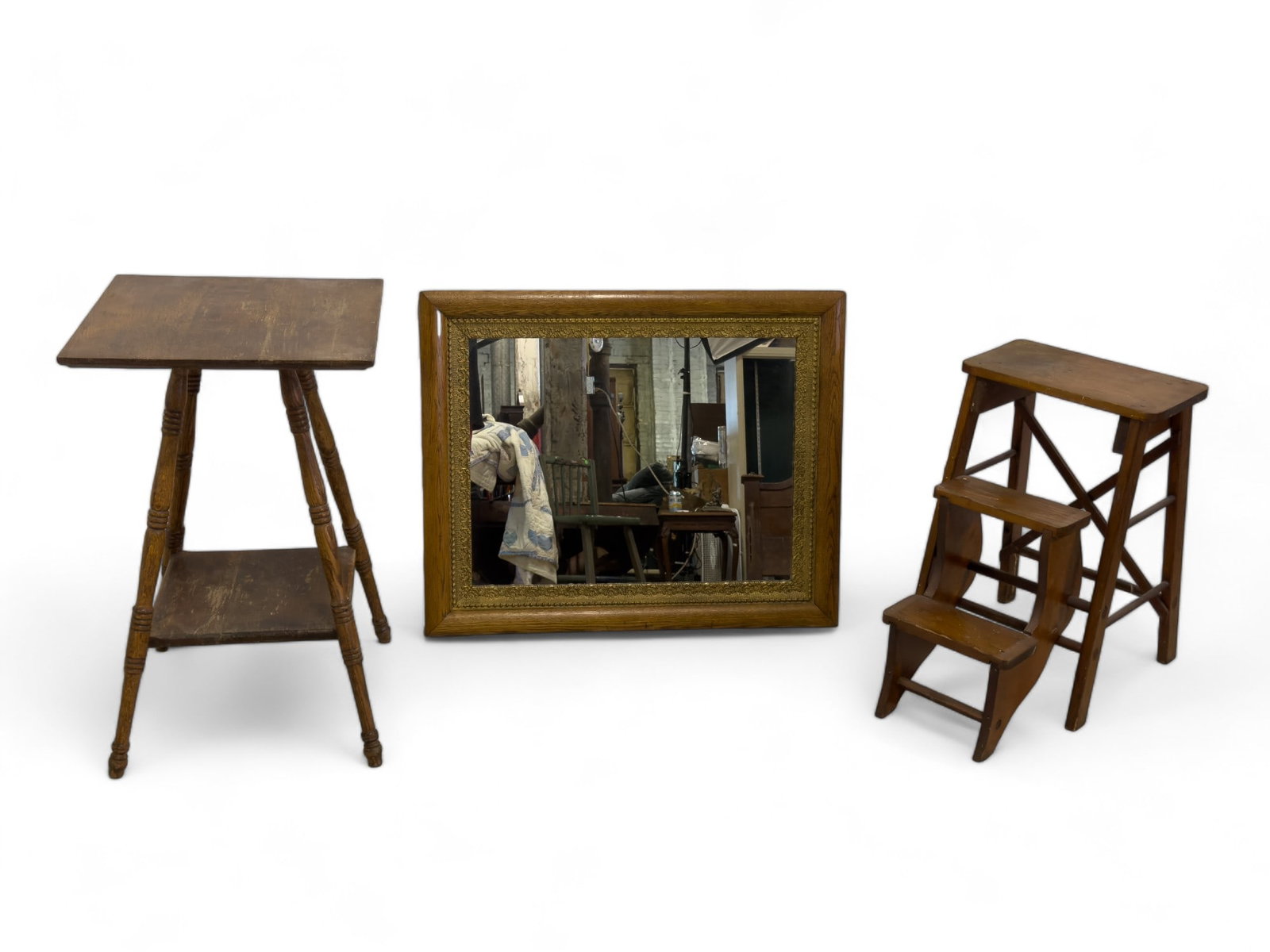 Mirror, Splay Leg Table w/Shelf, Cool Step Stool: Mirror, Table and Step Stool, mirror measuring approx 33 x 27in