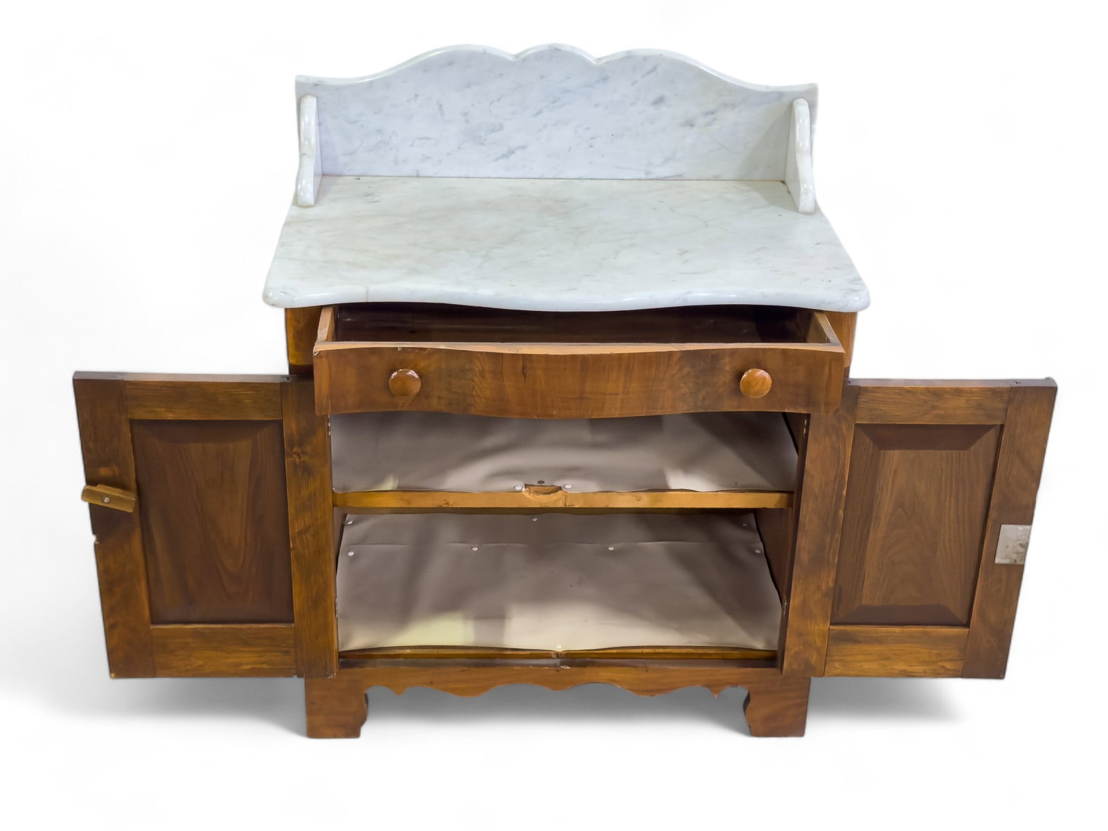 Marble Top Walnut Washstand: Marble Top Walnut Washstand with back splash approx 37 x 30 x 18in