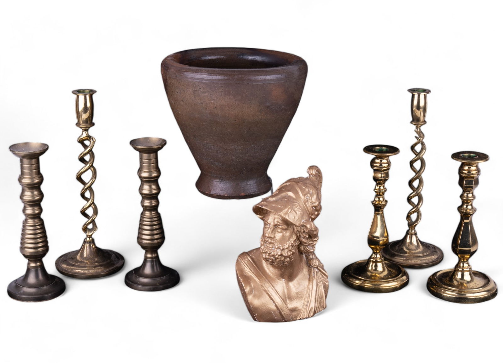 Antique Stoneware, Chalkware, & Brass Candlesticks: Antique Salt Glaze Stoneware Flower Pot, Chalkware Legionnaire Bust , & 3 pairs of Brass Candlesticks