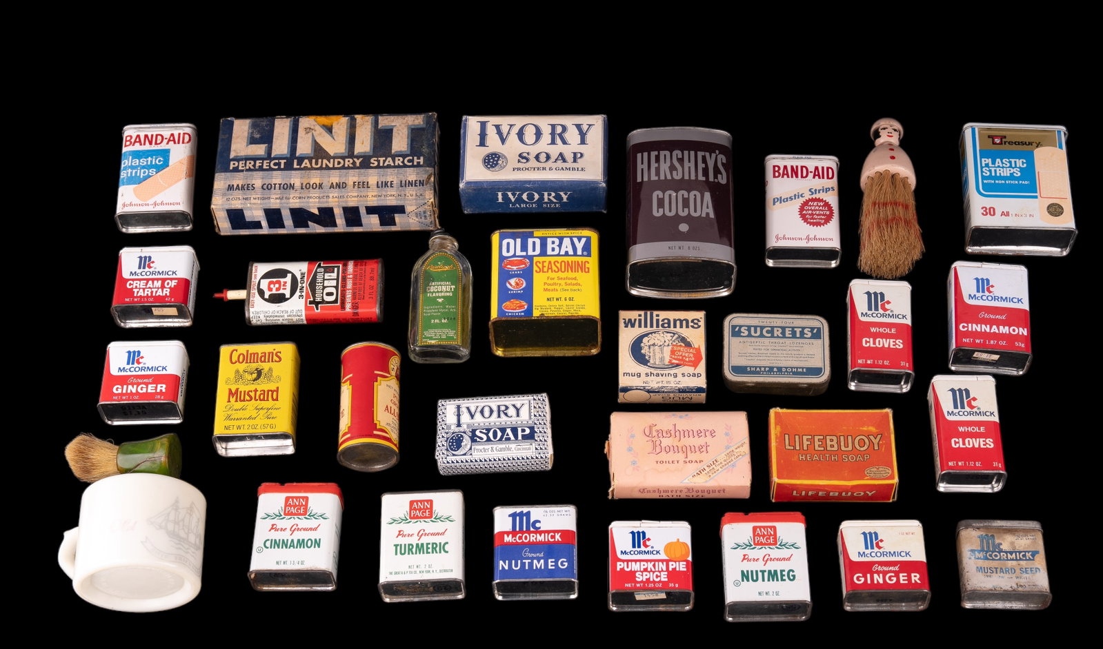 Vintage Tins & Medicine Cabinet Items: Vintage & Antique Tins, includes spice and bandage tins. Vintage & Antique Medicine Cabinet Items. McCormick, Ivory Soap, Band-Aid. plus an Old Spice shaving cup and brushes.