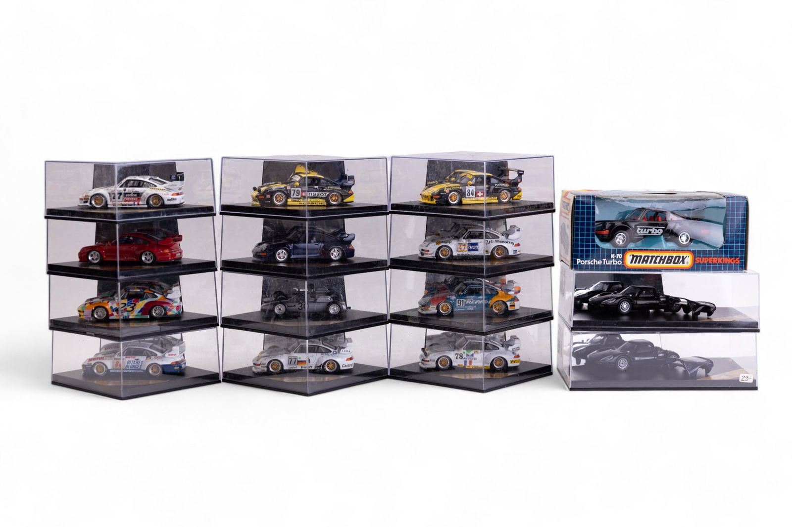 Diecast Porsche Model Cars in Display Cases (15): Includes 2 special editions by Vitesse in display cases with numbered info plates, 12 racing Porches by Vitesse (1:43) in display cases measuring approx 4.5" x 4.5" x 2.25 H, and 1 Matchbox Superkings