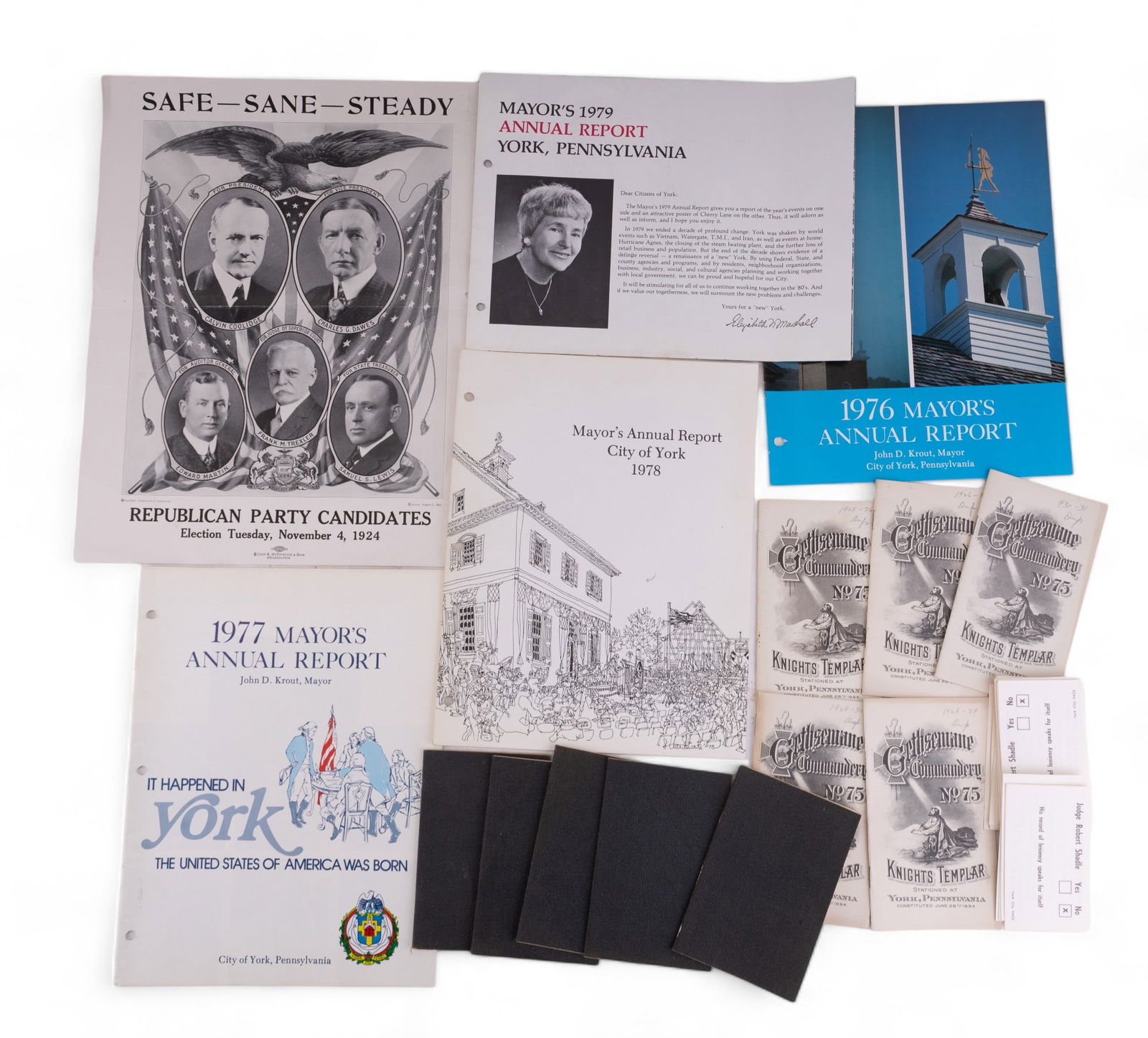 York, PA Ephemera Political and Fraternal: Political includes mayor's reports (4), Judge Shadle campaign cards (35), antique Rep. party poster 1924 measuring approx. 11" x 14" and has creases and small tear. Fraternal includes antique York Kni