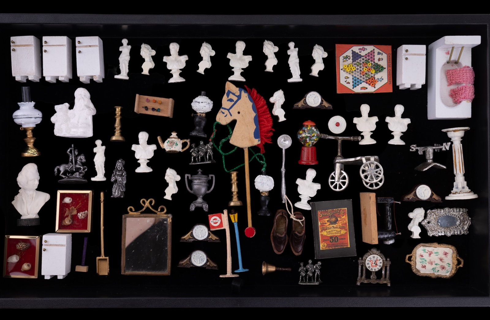 Doll House Accessories - Wood, Cast, and Pewter: Doll house accessories including gum ball machine in original box, mini fridge, bath tub, mini cast metal statuary including busts, pedestal, tricycle, and others. Dollhouse miniatures.