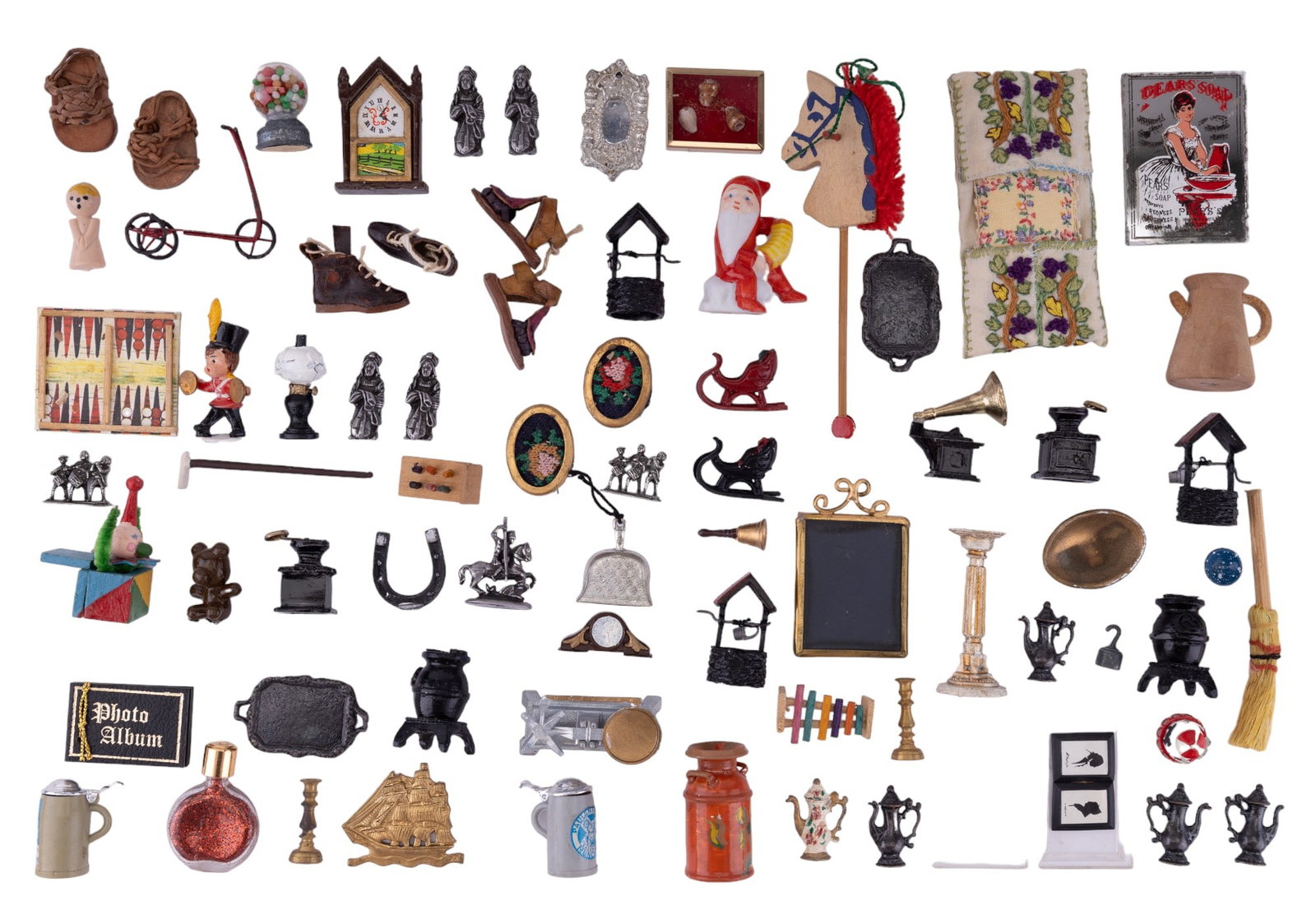 Doll House Accessories - Cast, Brass, and Leather: Doll House Accessories including cast scale, photo album, cast metal clock, candle sticks, leather shoes, jack in the box, German steins, needlepoint, and more. Dollhouse miniatures.
