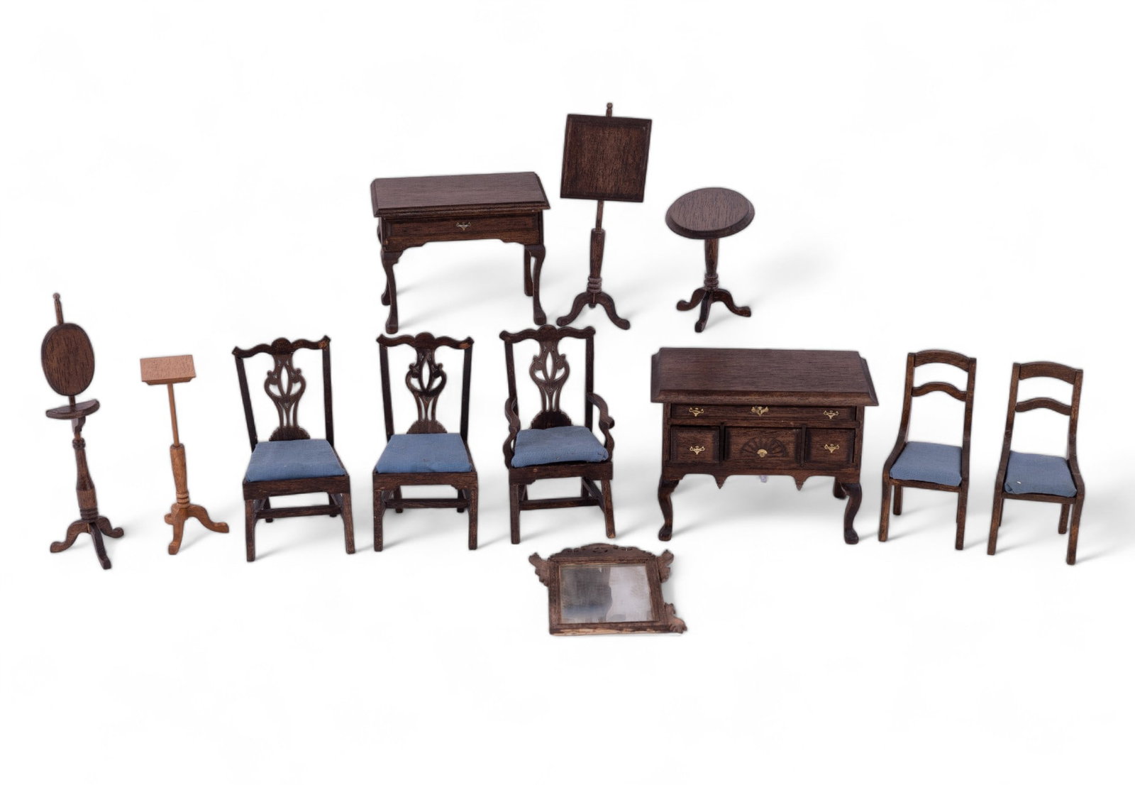 Antique Style Doll House Furniture: Antique Style Doll House Furniture Chippendale and Victorian style including Chippendale style low boy (back foot needs to be reattached), 2 fireplace screens, mirror, 3 Chippendale style chairs, tea 