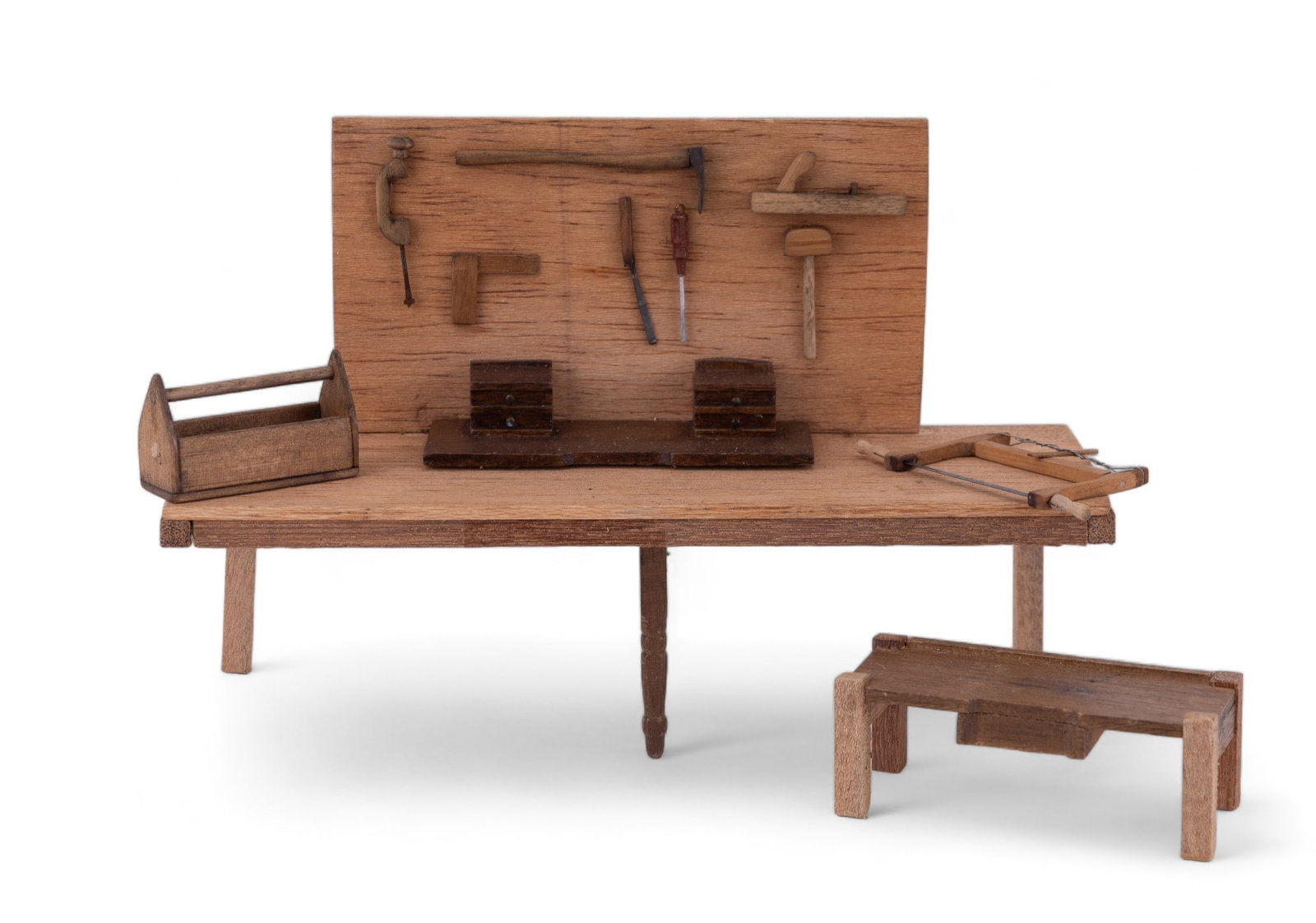 Antique Style Doll House Work Bench With Tools: Antique style doll house work bench with tools including vise, screwdriver, chisel, plane, mallet, band saw, tool box, and piece of furniture work in progress. Measures approx. 5.5" H. Dollhouse minia